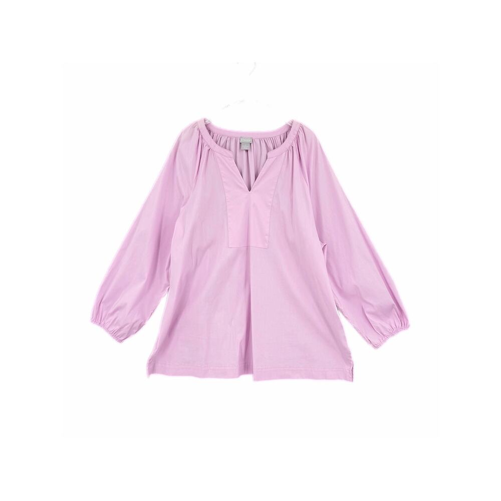 Chico’s Sz 4 Pastel Pink Split Neck Long Sleeve Cotton Blend Peasant Blouse Top